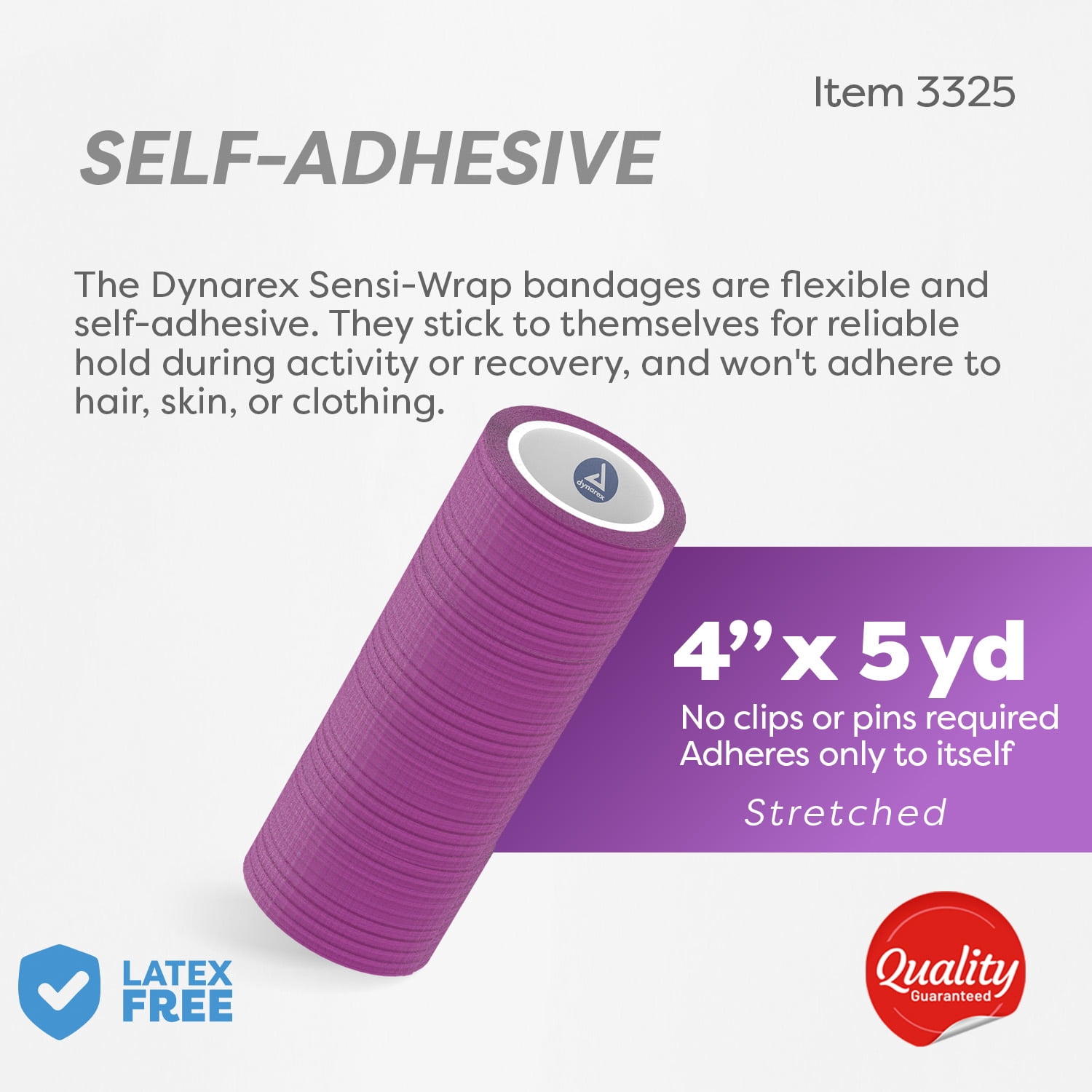 Dynarex Sensi-Wrap Self-Adhesive Bandages, 18-Pack, 4" x 5 yards, Purple, Latex-Free, Colored Elastic Cohesive Athletic Tape, Tattoo Grip & Vet Wrap
