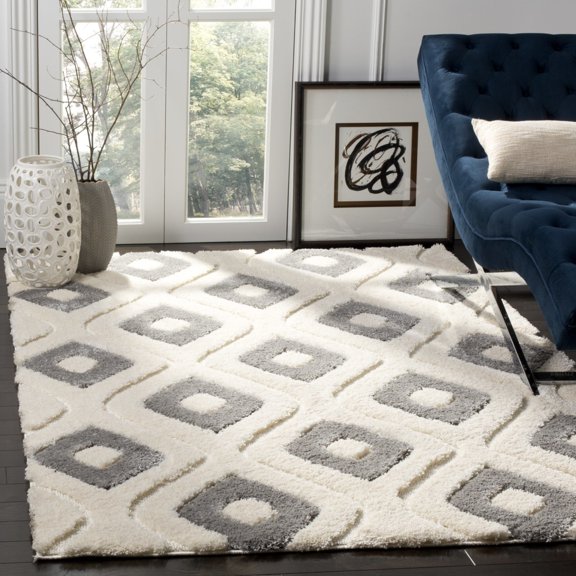 SAFAVIEH Olympia Caden Geometric Polyester Shag Area Rug, Cream/Grey, 4' x 6'