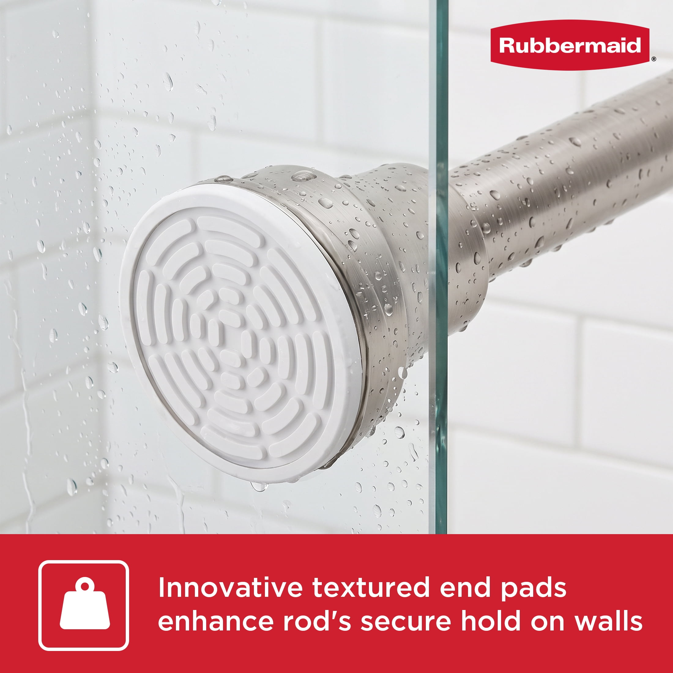 Rubbermaid No Drill Tension or Wall Mount 44" to 72" Adjustable Shower Curtain Rod, Rustproof Stainless Steel, Brushed Nickel