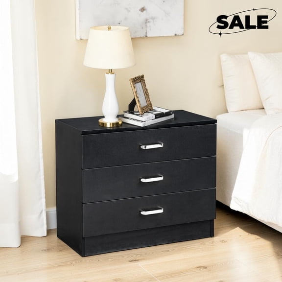 GZXS Nightstand, 25.9" Wide Side Table with 3 Storage Drawers, Modern End Table for Living Room, Bedroom, Black