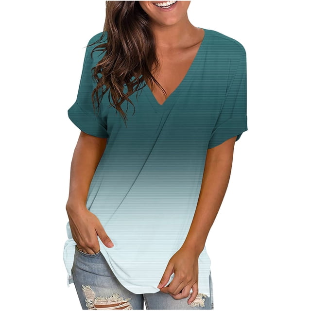 Fiudx Camisas de Mujer Camisetas Holgadas de Manga Corta con Cuello En V Degradado Informal a La Moda para Mujer