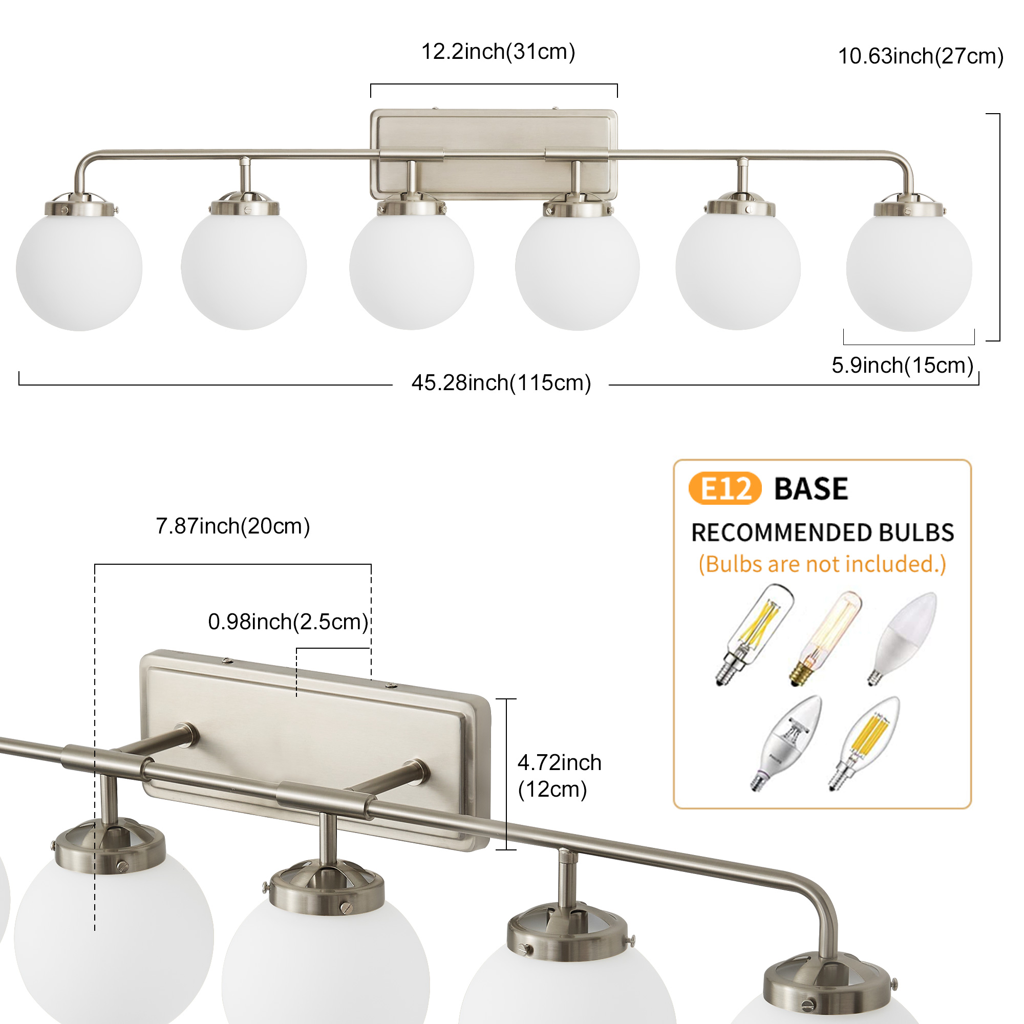Deyidn 6-Light Modern Vanity Light, Nickel Bathroom Light Fixture with Milk White Glass Globes, 45 Inch Bathroom Wall Sconce for Mirror