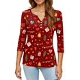thumbnail image 5 of WTOBBY Women's Christmas Snowflake Tree Print V-Neck Decorative Button 3/4 Sleeve T-Shirt, Ladies Holiday Fashion Top for Seasonal Wear, Comfortable Casual Blouse,Red XL, 5 of 5