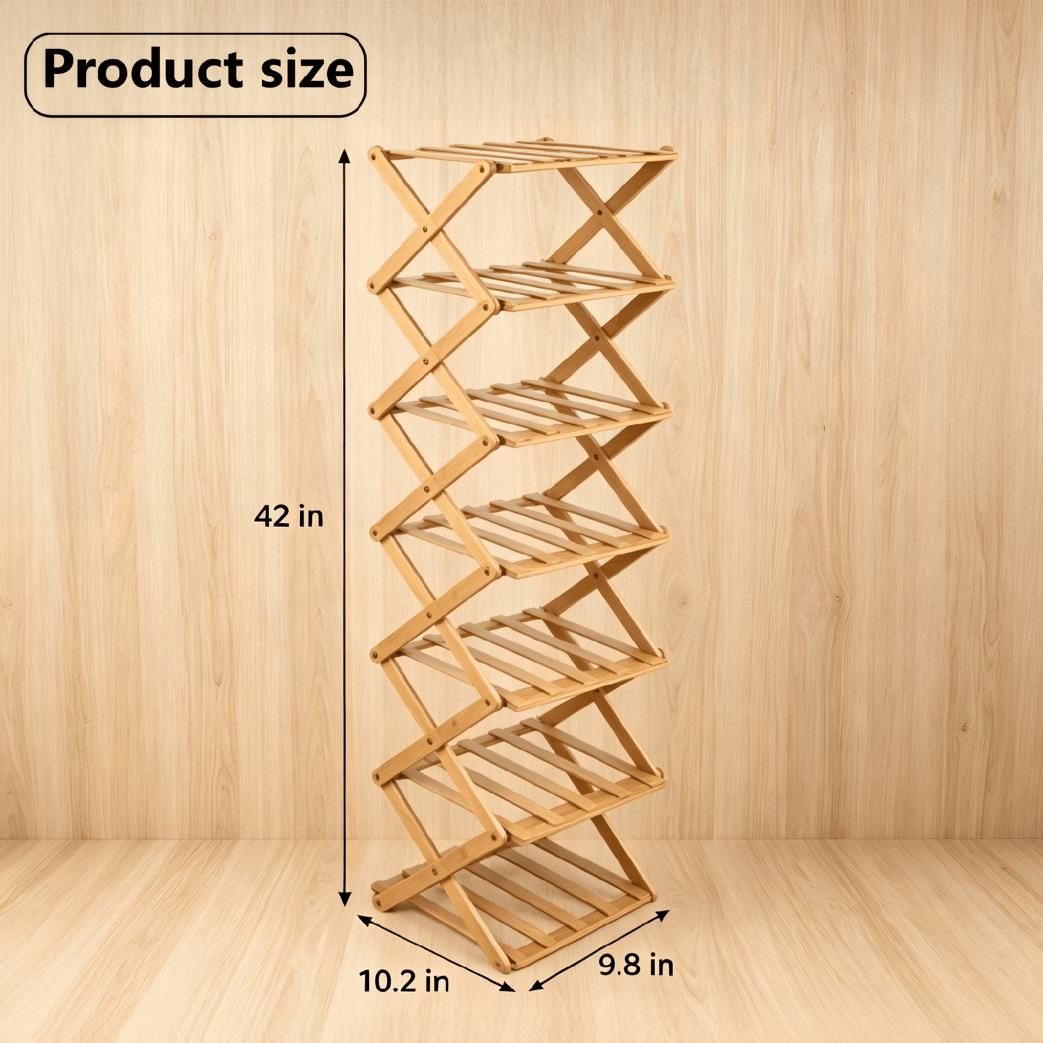 7 Tier Wooden Vertical Shoe Rack, Folding Narrow Shoe Organizer, Standing Portable Shoe Storage Shelf for Entryway, Bedroom, Living Room Corner and Small Spaces, No Installation, Space-Saving