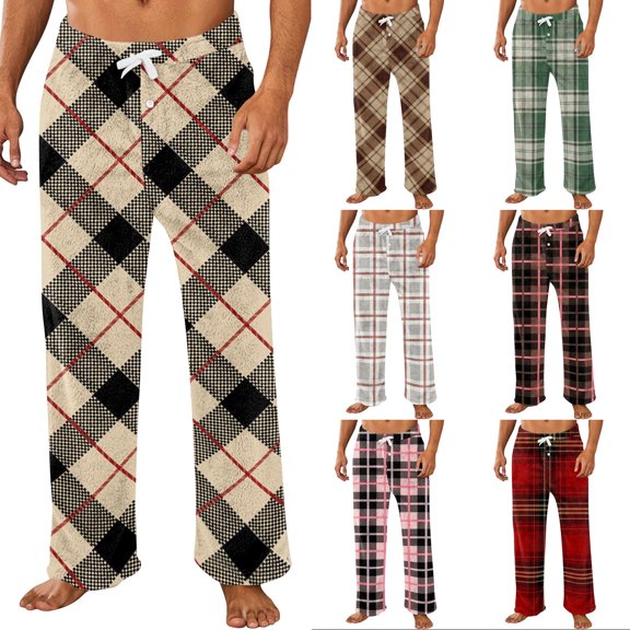 Trgacdwlo Mens Flannel Pajama Pants Plaid Fuzzy Sleepwear Mens Fleece Pajama Pants Elastic Waist Fall Winter Warm Mens Lounge Pants