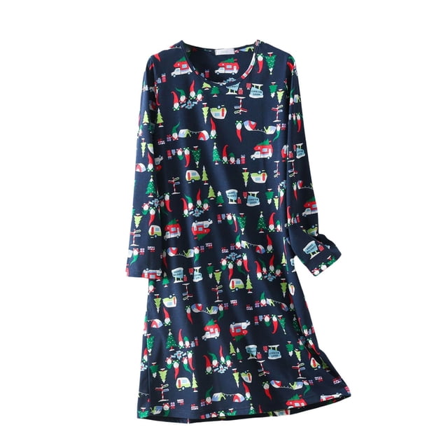 Chemises de Nuit à Manches Longues pour Femmes Chemises de Sommeil Robe de Pyjama Mignonne Tenue de Nuit Décontractée Chemises de Nuit Imprimées Robe T-Shirt