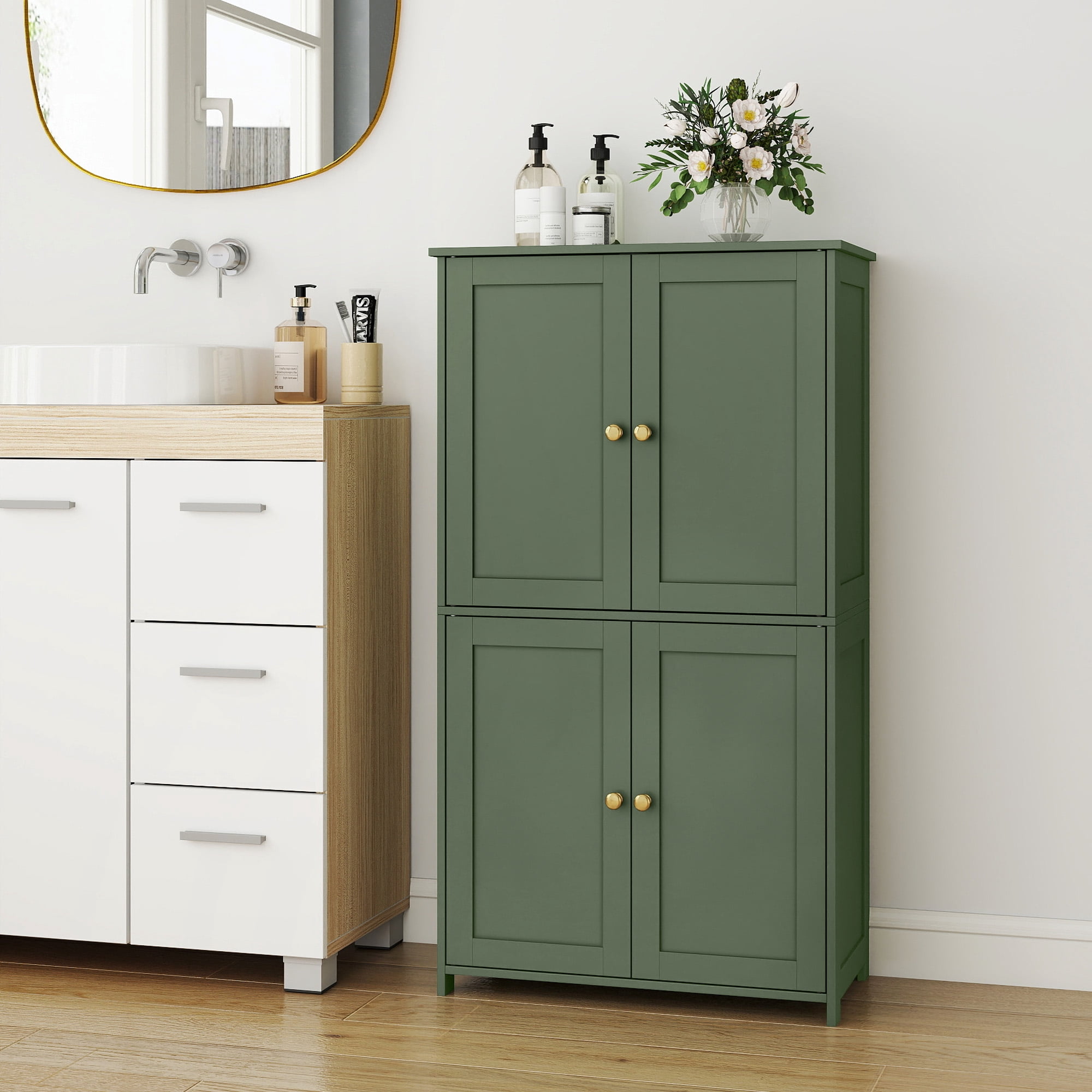 LEDREM Bathroom Storage Floor Cabinet Organizer with Adjustable Shelf 4 Magnetic Doors Freestanding for Living Kitchen Room Small Spaces,Green