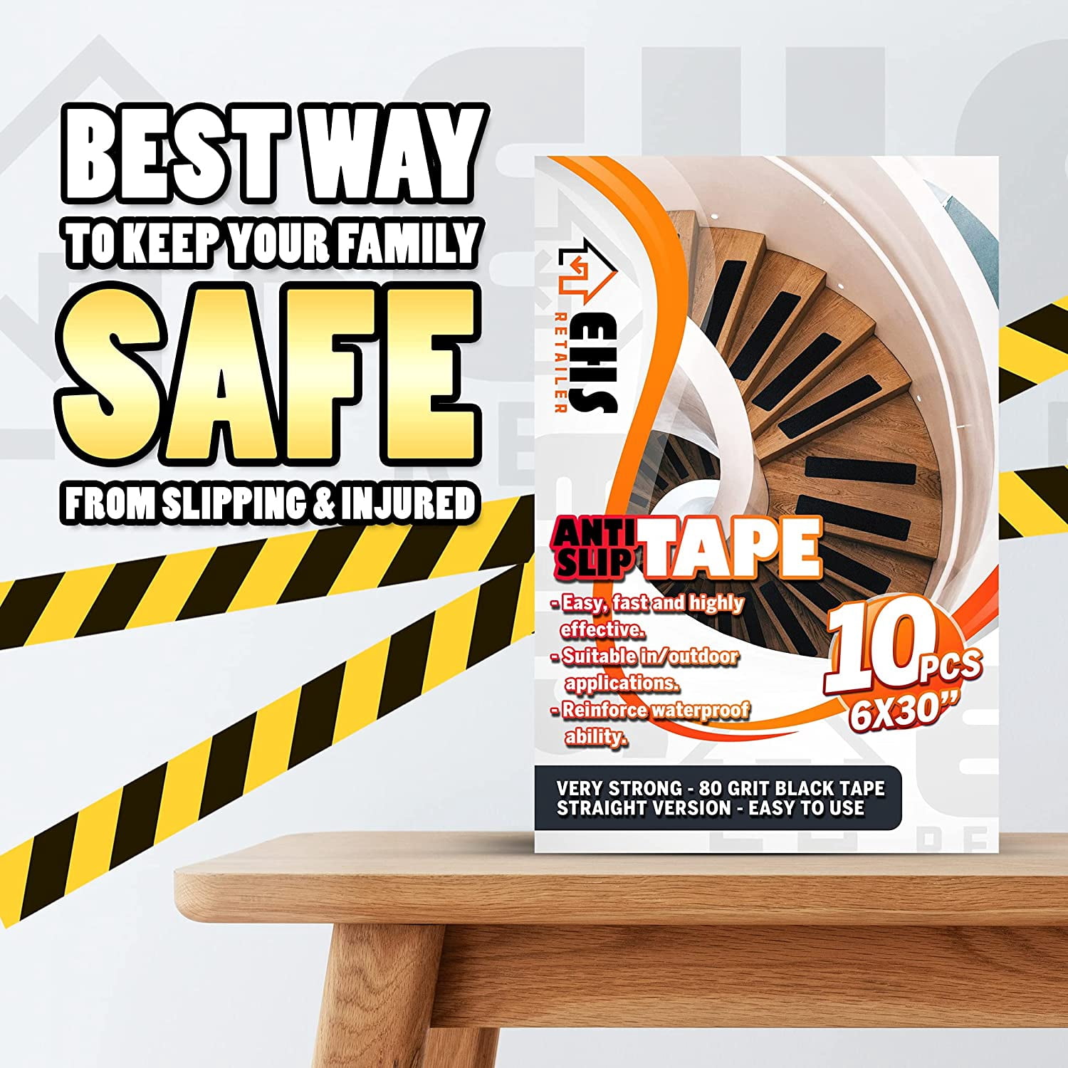 6”x30” Anti Slip Tape Outdoor Stair Treads Non-Slip (10-Packs Black) Non Slip Tape Grip Strips Three Layer Design