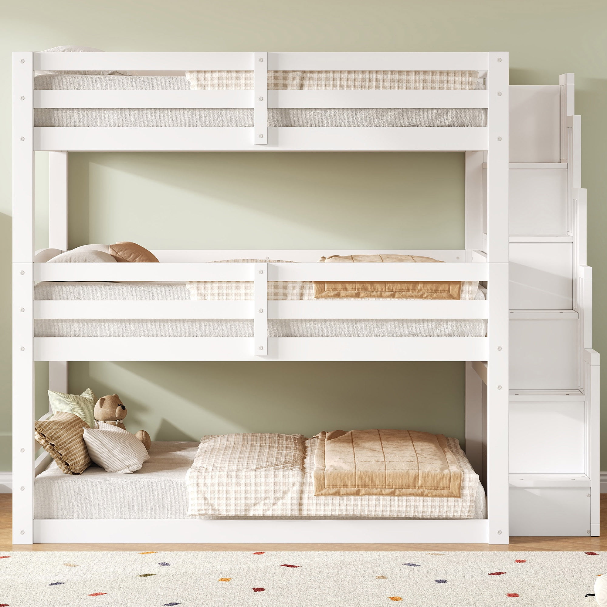Euroco Full Size Triple Bunk Bed with Storage Staircase, White