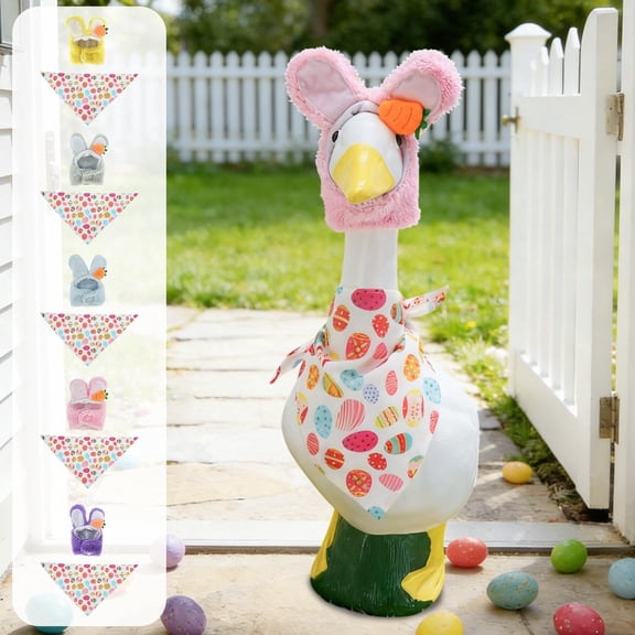 AZXY Porch Goose Outfit for 23" Cement Concrete Porch Goose Statue, Pink Bunny Hat with Carrot, Easter Egg Bandana Accessories, Front Porch Goose Clothes for Outdoor Patio Lawn Garden Decor