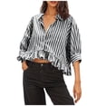 thumbnail image 2 of Guieoi Womens Tops Plus Size Trendy Women Casual Striped 3/4 Sleeve Turndown Collar Button Short Blouses Blue Black*Friday/Cyber*Monday Clearance, 2 of 7