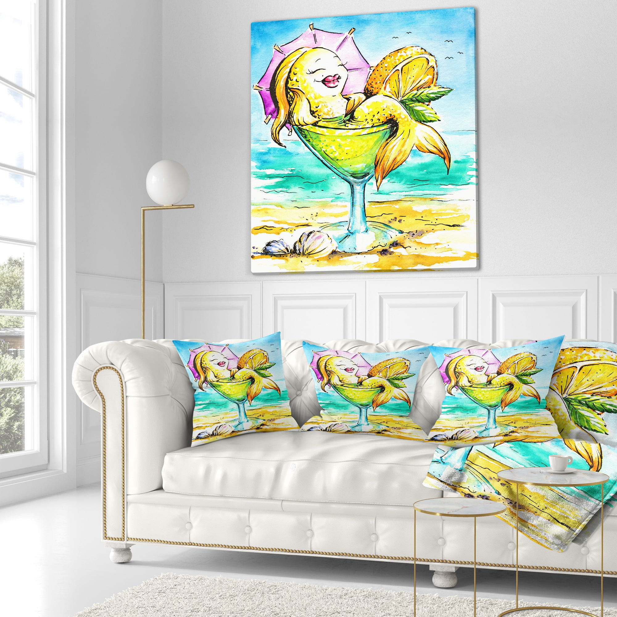 Designart Gold Fish Enjoying Holidays on Beach - Cartoon Animal Throw Pillow - 18x18
