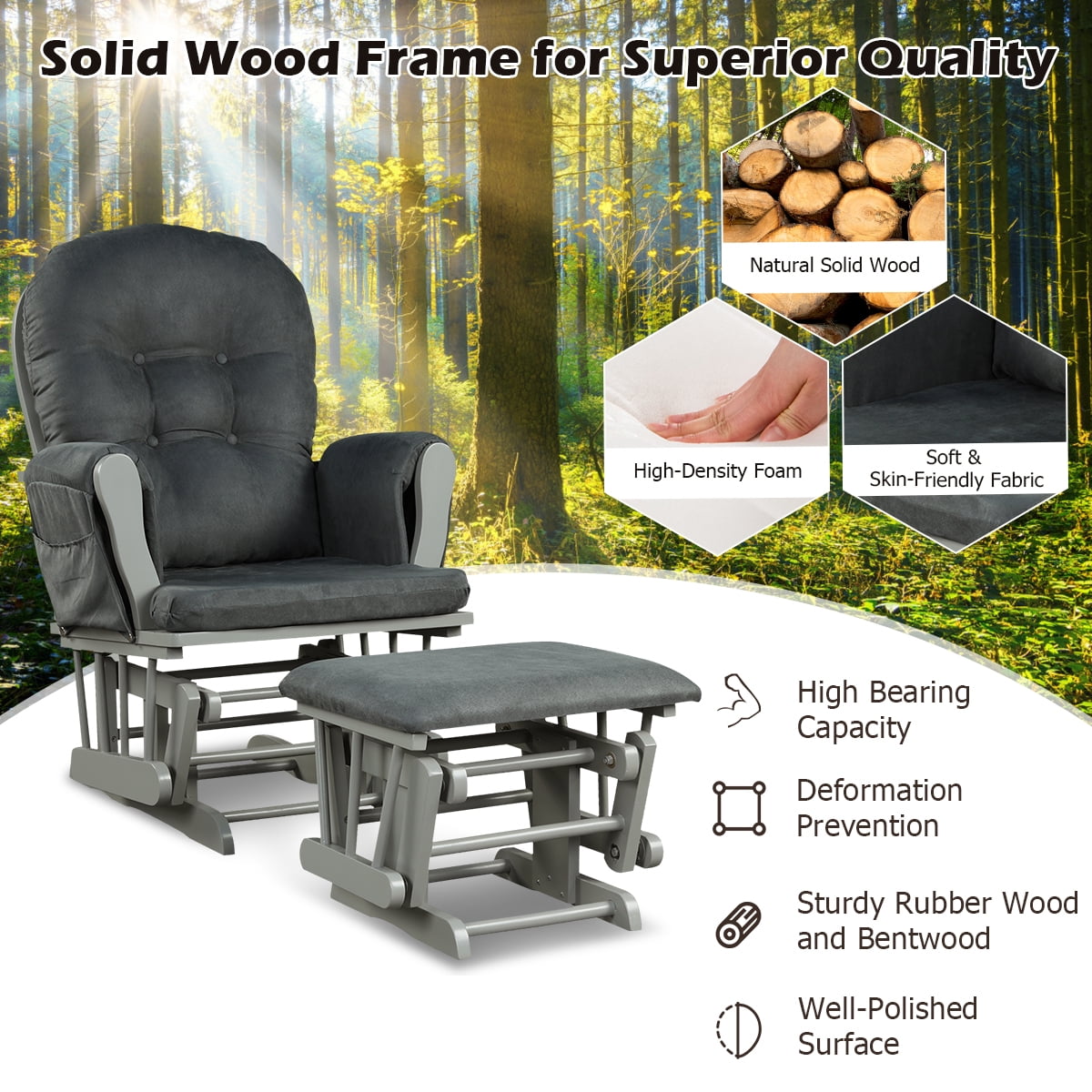 Infans Glider and Ottoman Cushion Set Wood Baby Nursery Rocking Chair Dark Grey