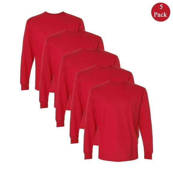 Gildan Ultra Cotton Long Sleeve T-Shirt, Men's 100 Percent Cotton Classic Bulk Tee, Red, 5-Pack, S