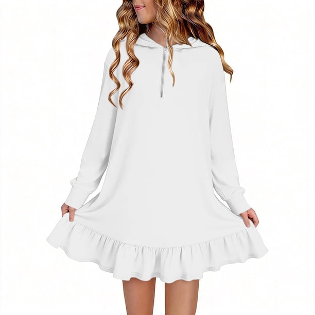 Vestidos de Manga Larga de las Niñas Tamaño 7-8 Lindo Color Sólido Suelto Vestido con Capucha, Vestido de Manga Larga de la Niña para el Uso Diario Informal