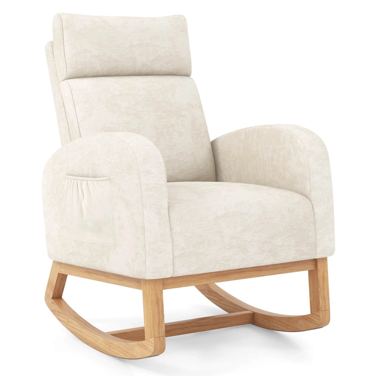 Harmijoy Nursery Rocking Chair, Upholstered Chenille Rocker Armchair w/ Natural Rubber Wood Frame, Padded Backrest & Seat, Side Pocket