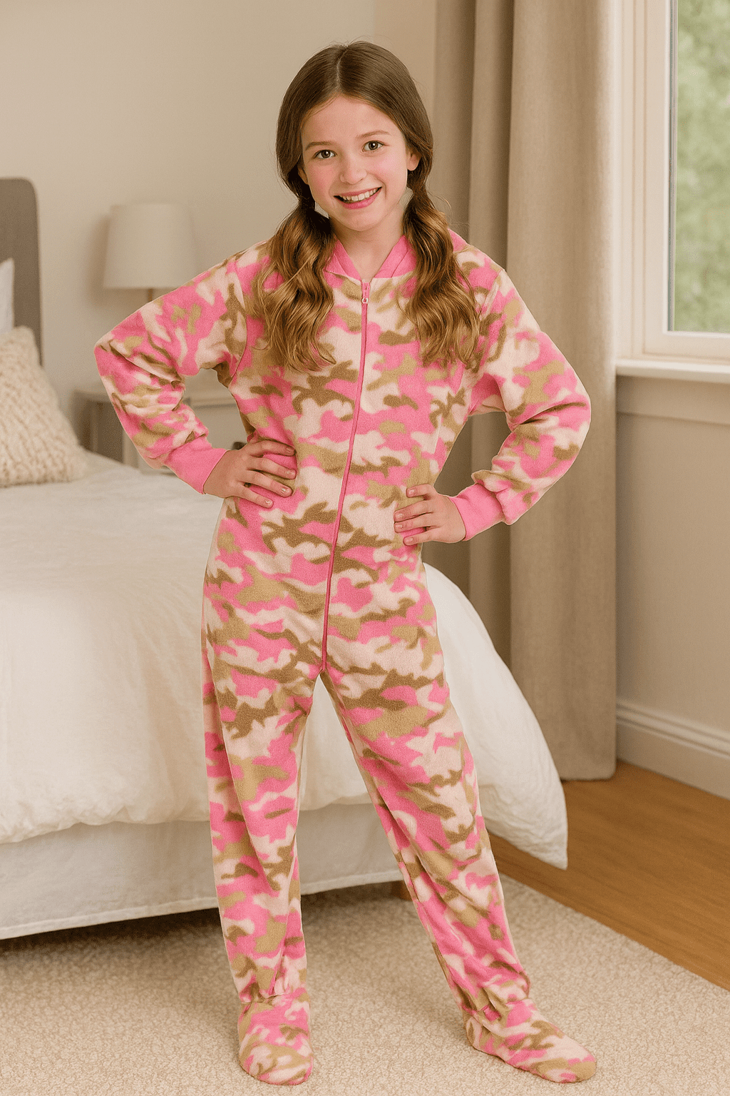 Big Feet PJs Girls Pink Camouflage Micro Fleece Footed Pajamas One-Piece Sleeper Size 8