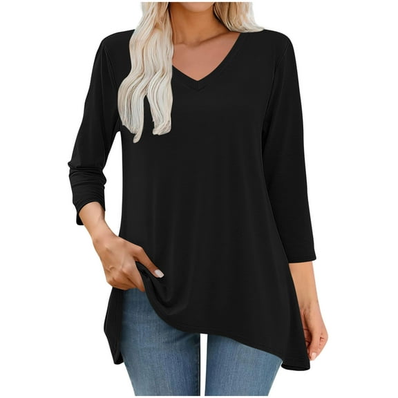 Womens Tops Plus Size 3/4 Sleeves Round Neck Casual Printed T-shirt Blouse Black XXL