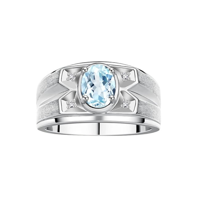 RYLOS Men's Rings Sterling Silver Rings Classic Designer Style 8X6MM Oval Gemstone & Diamond Ring Aquamarine March Birthstone Rings For Men, Size 10