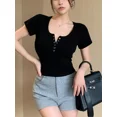 thumbnail image 6 of Trendy Short Sleeve T Shirts For Womens O Neck Korean Style Crop Top Ribbed Slim Tshirt Woman Cotton Tee Shirt Femme Summer 2025, 6 of 9