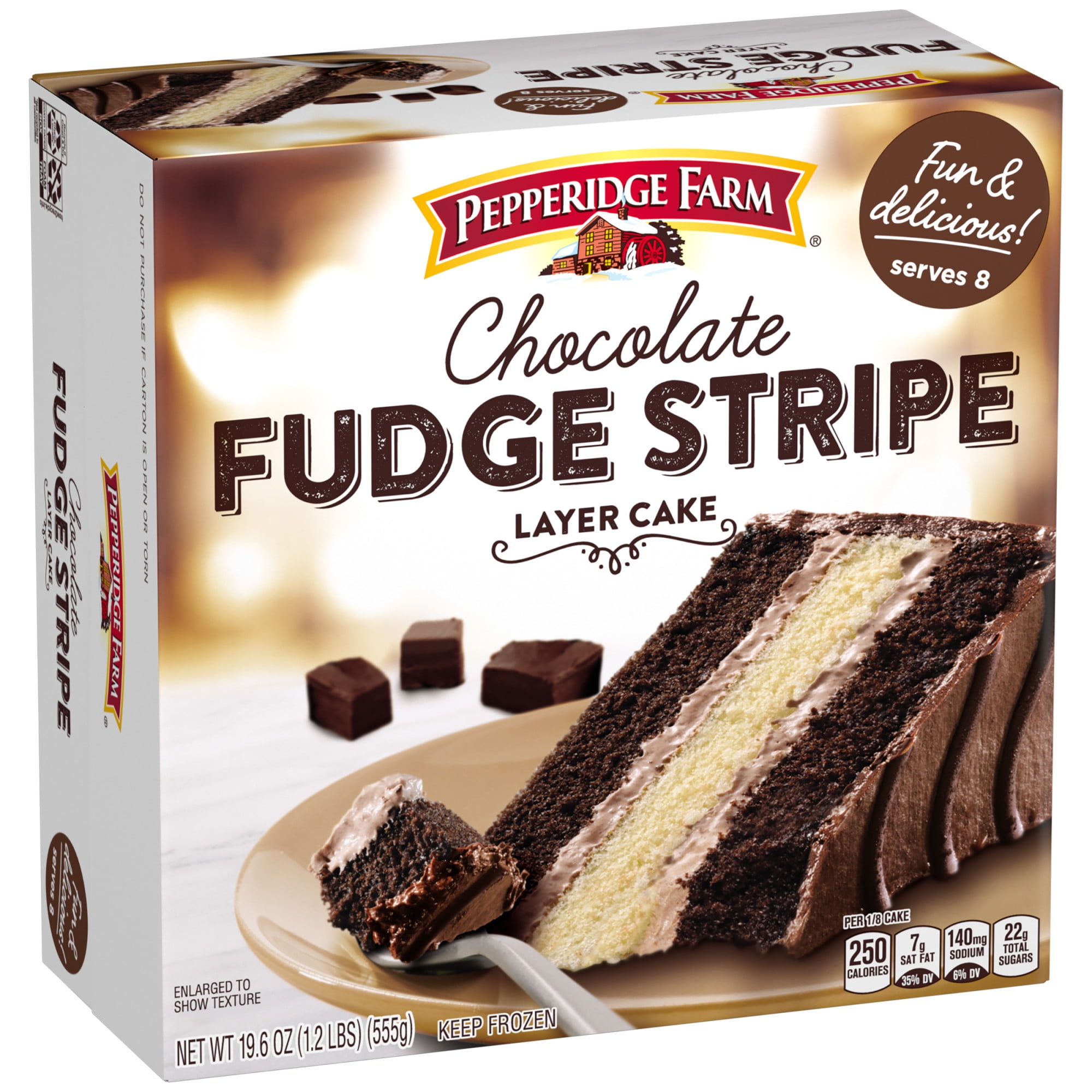 Pepperidge Farm Frozen Chocolate Fudge Stripe Layer Cake. 