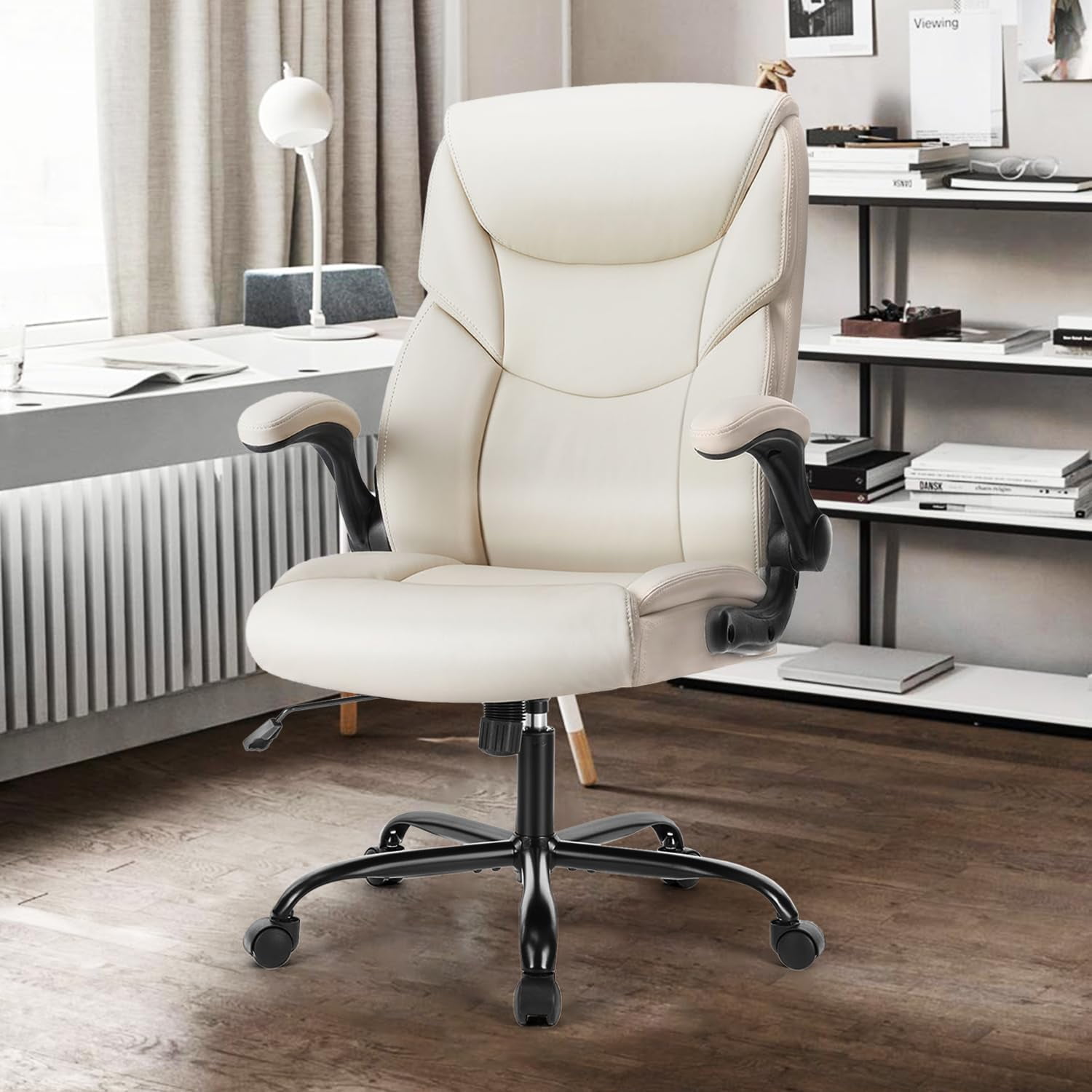 Ergonomic Office Chair, High Back Executive Desk Chair with Lumbar Support, Adjustable PU Leather Computer Chair with Flip-up Arms, Swivel Rolling Wheels Chair for Home and Office Use