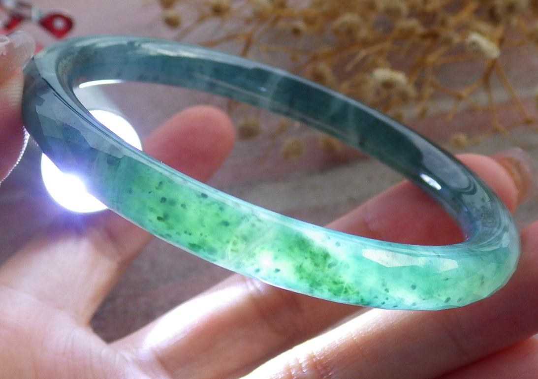 Green Natural A JADE Jadeite Dia Cut Circle Bangle Bracelet 58 mm 682712 TN