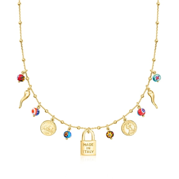Ross-Simons Italian 18kt Gold Over Sterling Charm Necklace With Multicolored Murano Glass Beads, Women's, Adult