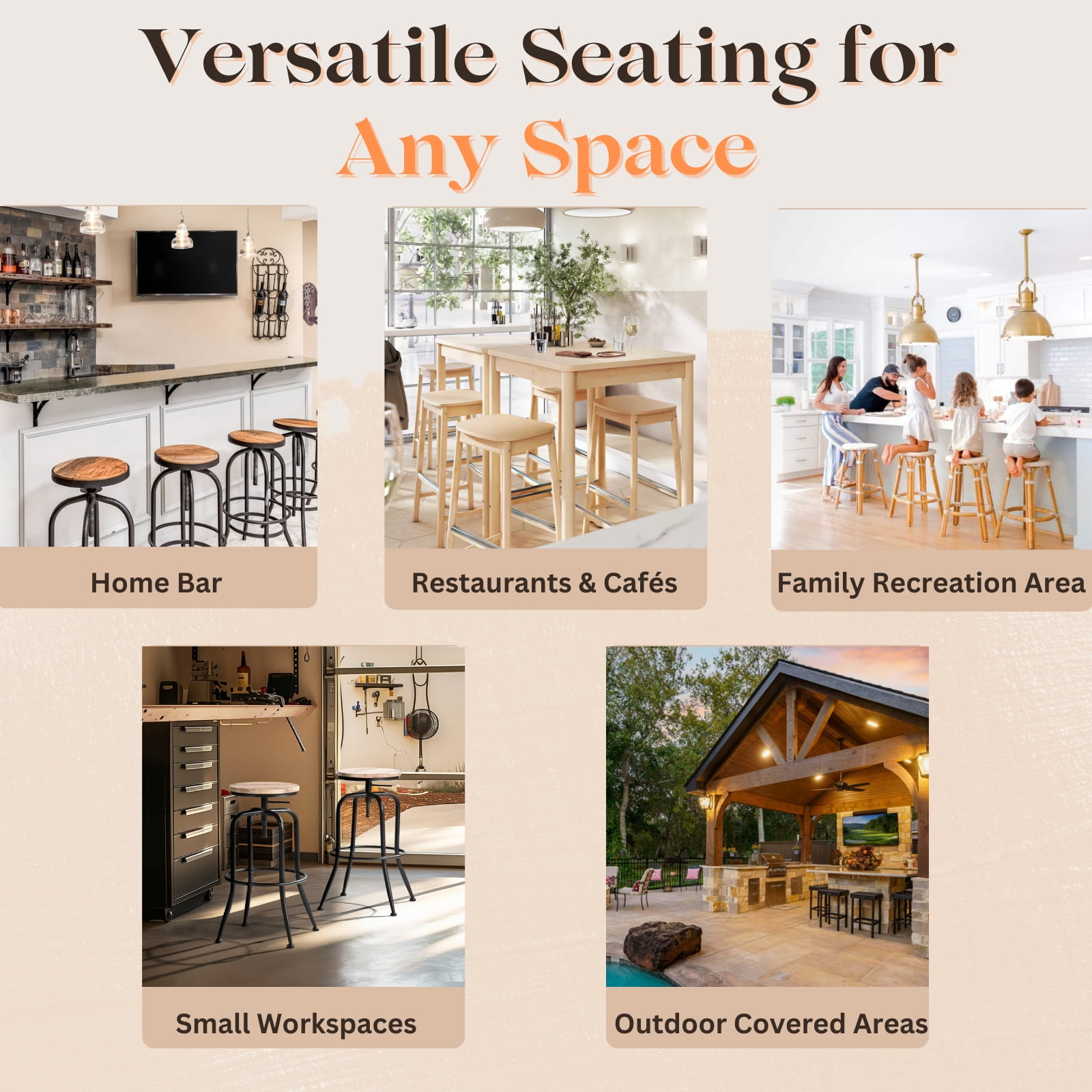 Homy Casa Swivel Bar Stools Adjustable Height Counter Stools with Wood Seat, Set of 2, Walnut