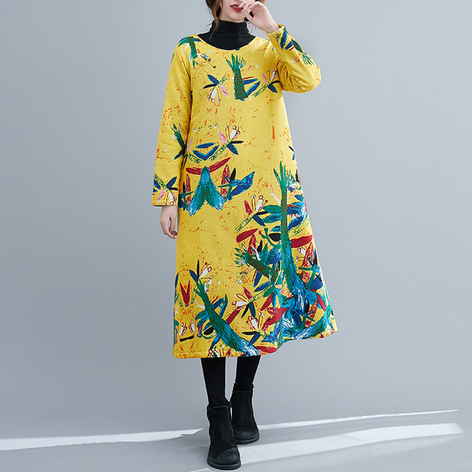 Meterk Vintage Women Cotton Linen Dress Print Thick Warm O Neck Long Sleeve Pocket Plus Size