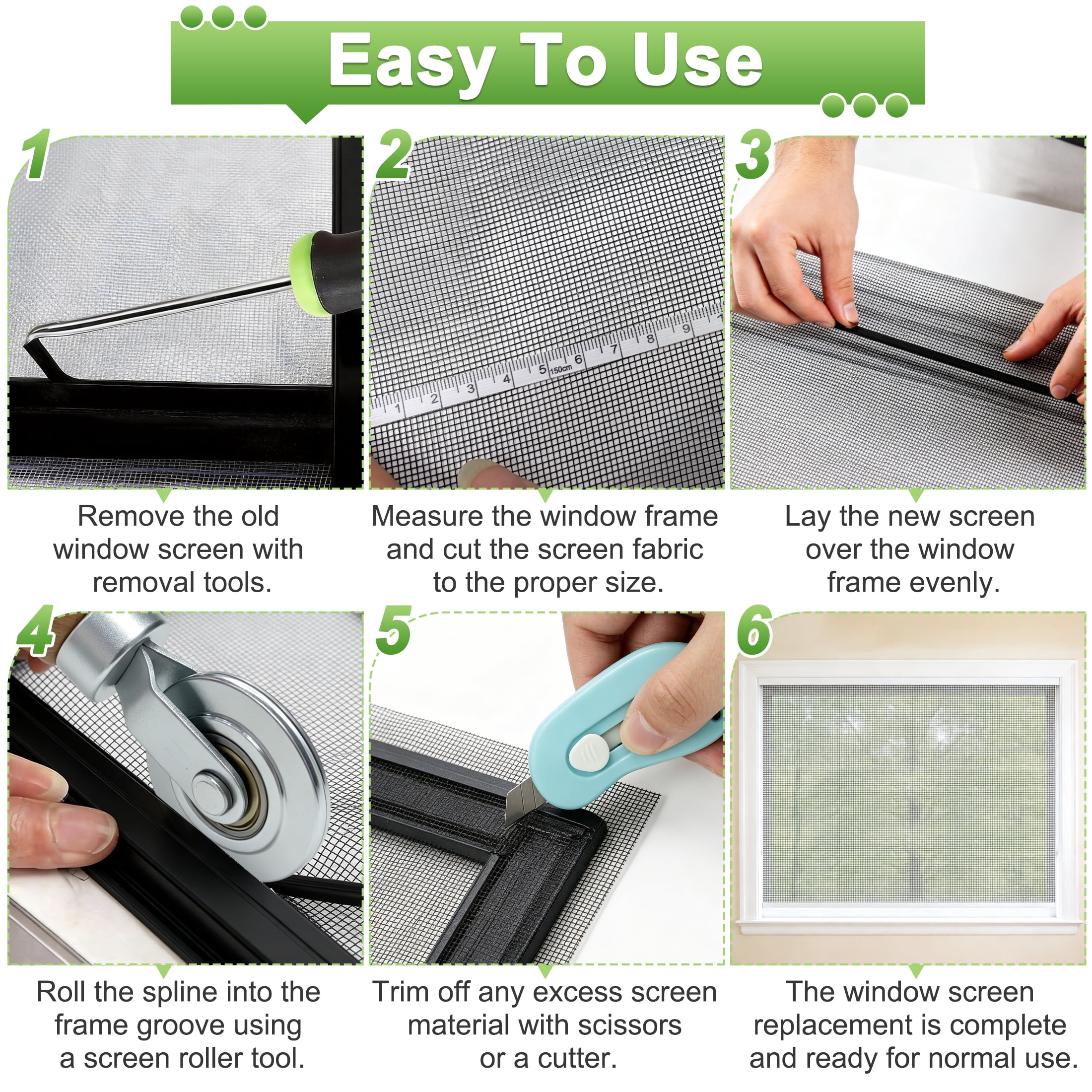 48 x 177 Inch Window Screen Repair Kit, Window Screen Mesh & Installation Tools, Window Mesh Replacement Kit, DIY Window Screen Repair Kit for Household Windows, Balcony and Entry Doors
