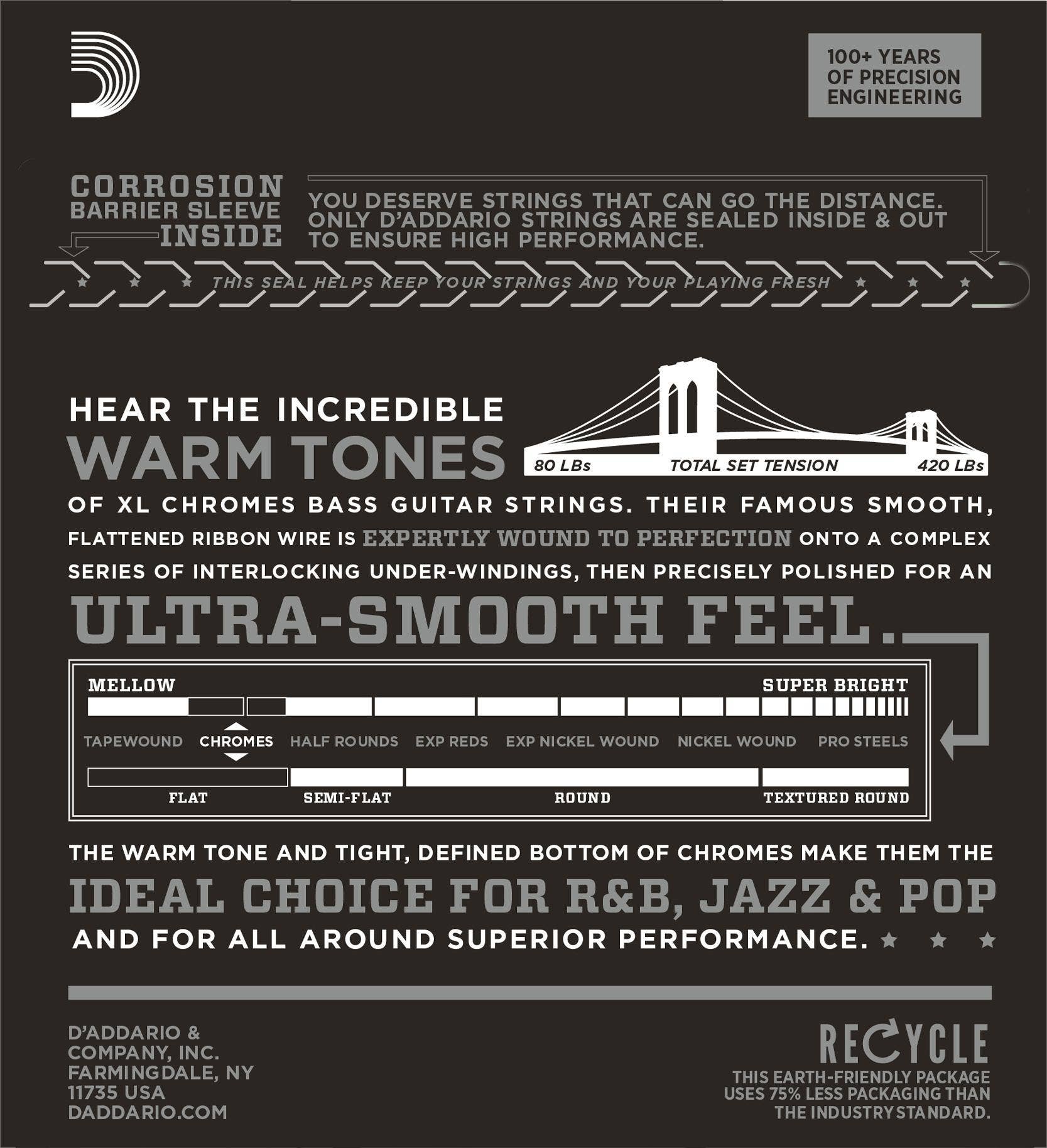 D'Addario Chromes 5-String, Light, Super Long Scale, 45-132 Bass Guitar Strings - ECB81-5SL