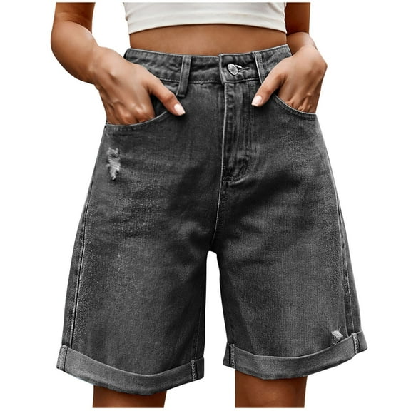 Denim Shorts for Women Summer Casual Ripped Button Jean Shorts Womens High Rise Wide Leg Shorts