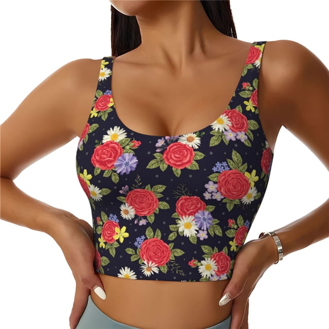 Fotbe Red Rose Flower Sujetador Deportivo Largo sin Aros para Mujer con Almohadillas y Soporte Medio, Transpirable y Absorbente, Camiseta Tipo Chaleco o Tank Top-Large