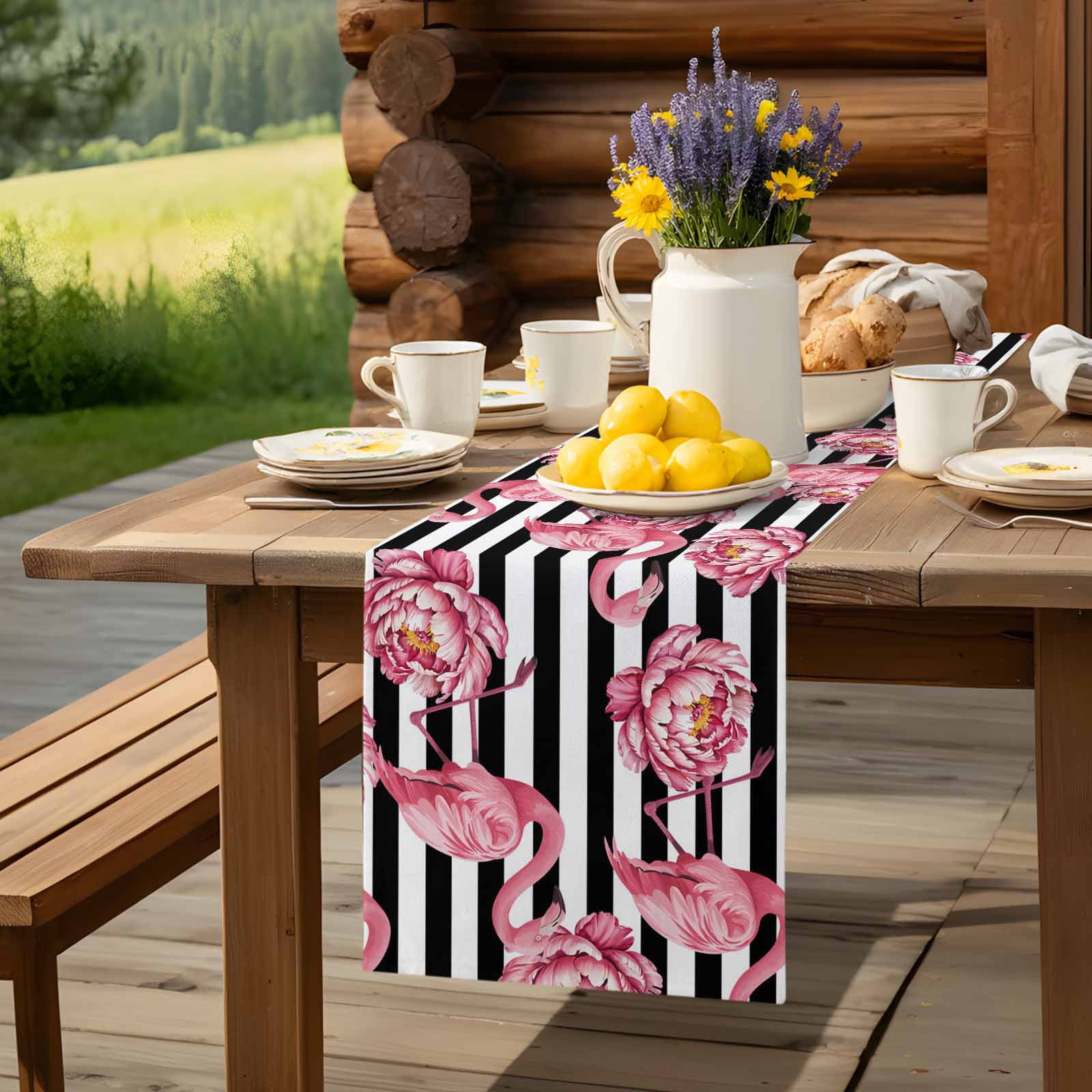 Tropical Pink Flamingo Flower Table Runner 90 Inches Long, White Black Modern Stripe Table Runners Tabletop Scarf Kitchen Dining Tables Decoration for Home Party Indoor Outdoor