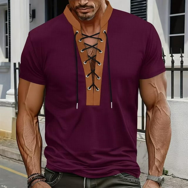 pstuiky camisetas de hombre, Camiseta de manga corta con cuello alto, cordón en el pecho y colores lisos para hombre camisas casuales para hombre s
