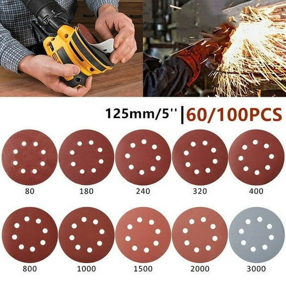Lzvxtym 100Pcs 125mm/5'' 8 Holes Orbit Sanding Polishing Sheet Sandpaper Round Shape Sander Velcro Discs Mixed 40 to 3000 Grit Polish Pad,Dark Brown