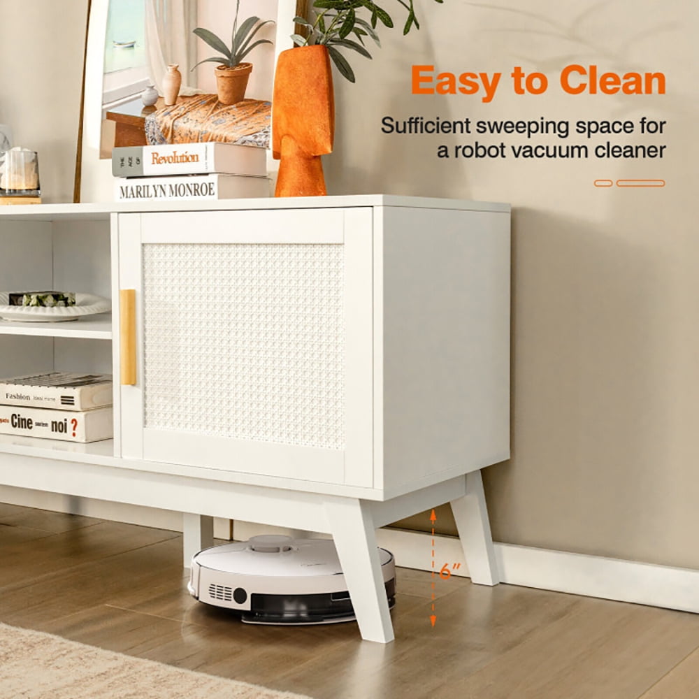 Finihen TV Stand, TV Cabinet, TV Stand Entertainment Media Console with 2 Rattan Cabinets and Open Shelves, Media Entertainment Center with Storage, for Living Room, Bedroom, White