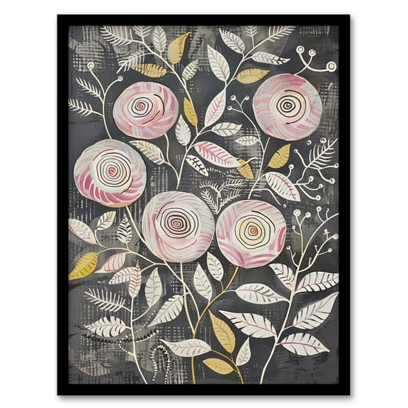 Artery8 Rose Flowers Pink Grey Folk Art Patterns Bedroom Art Print Framed Poster Wall Decor 12x16 inch