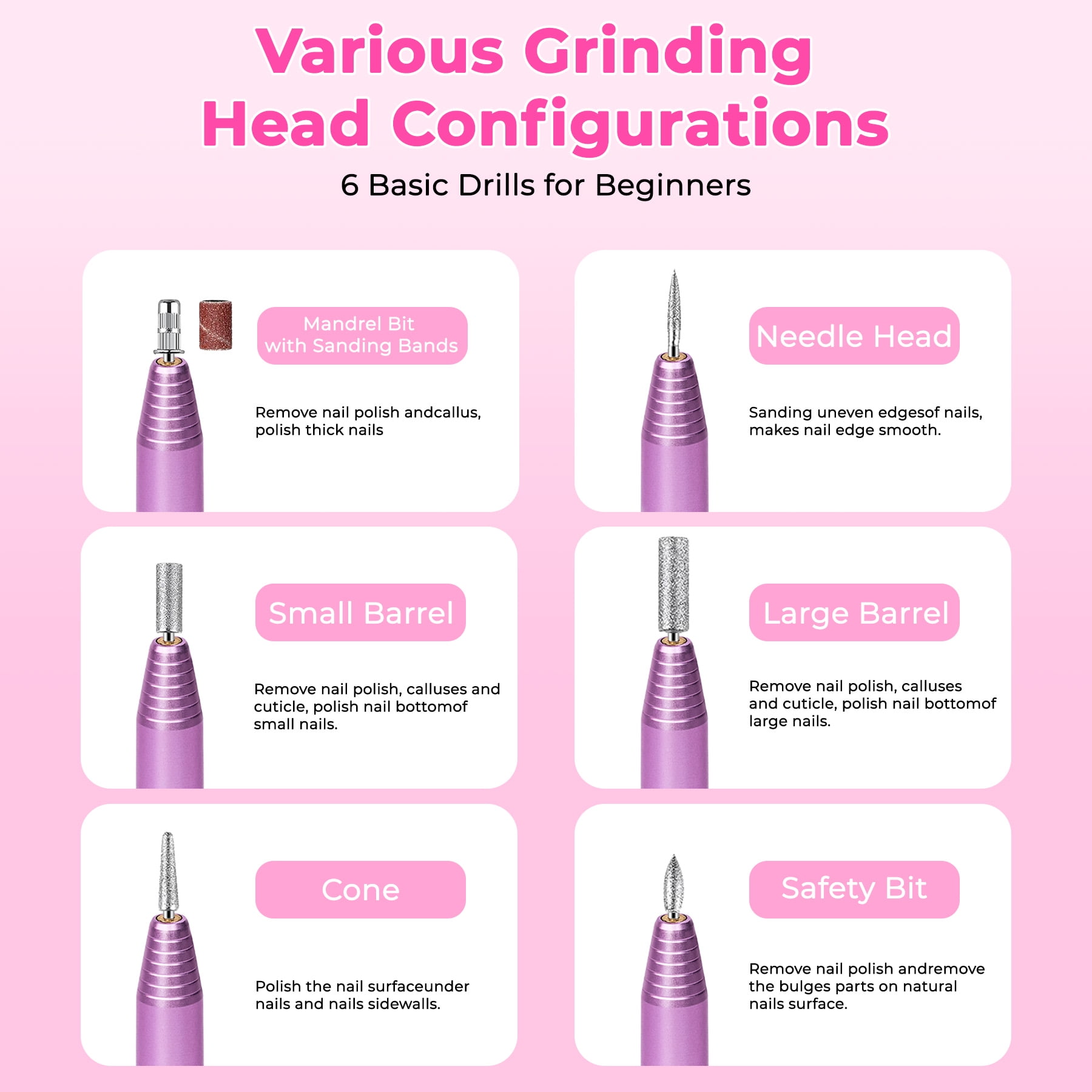Electric Nail Drill Machine - Portable Pen-Shaped Nail Drill Kit with 6 Bits & Sanding Bands, Low Noise Low Heat for Manicure Pedicure