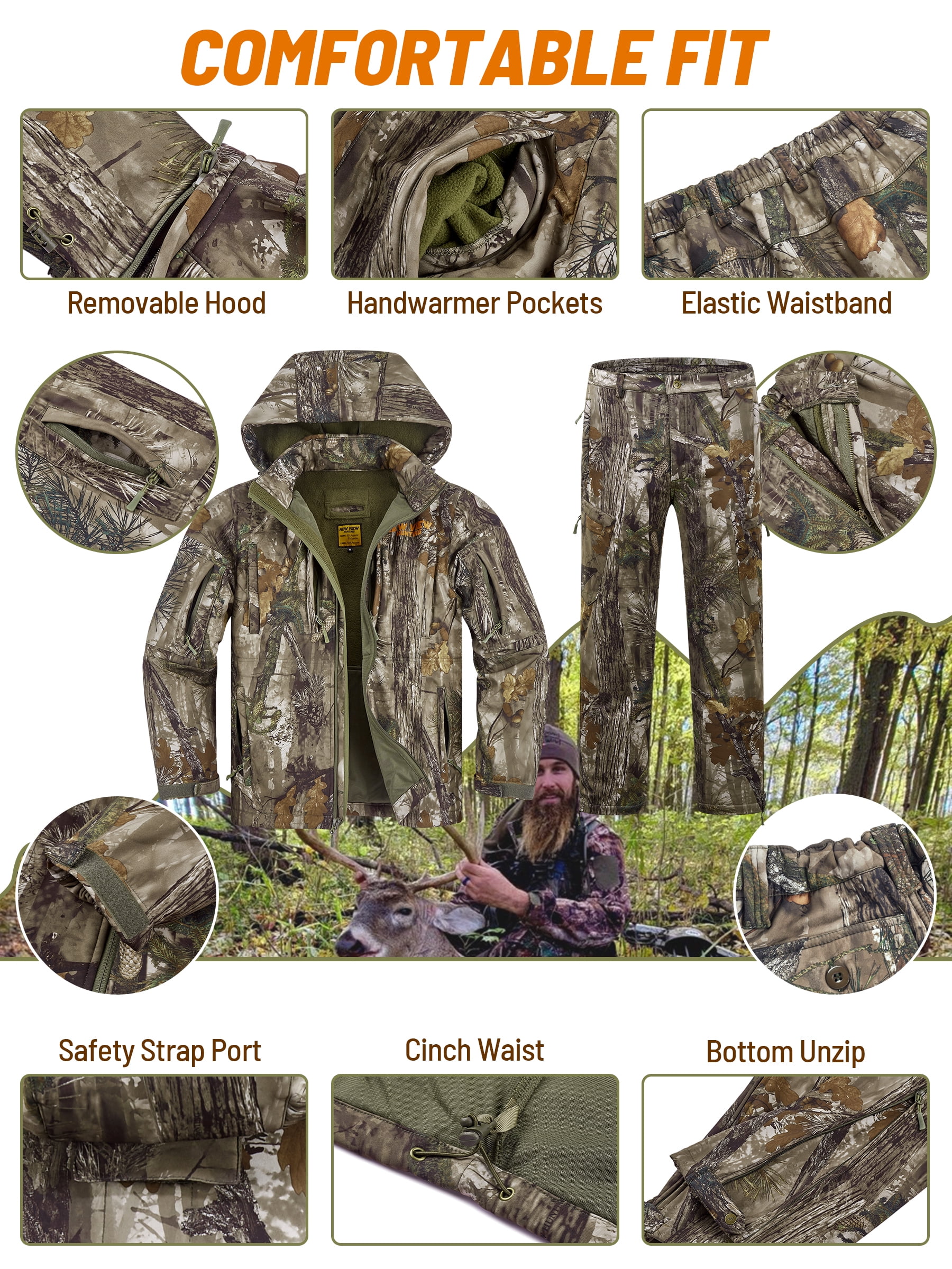 NEW VIEW Camo Hunting Clothes for Men, Winter Warm Hunting Jacket and Pants,Fleece Lined Hunting Suit for Deer Duck Bow Hunts