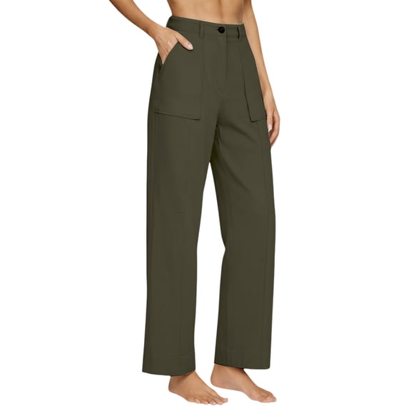 Linen Palazzo Pants for Women High Waist Wide Leg Summer Beach Pants with Pockets Dressy Pants Elastic Waist Light Weight Summer Beach Vacation Trouser Work Dress Pants Casual Slacks Business Pants