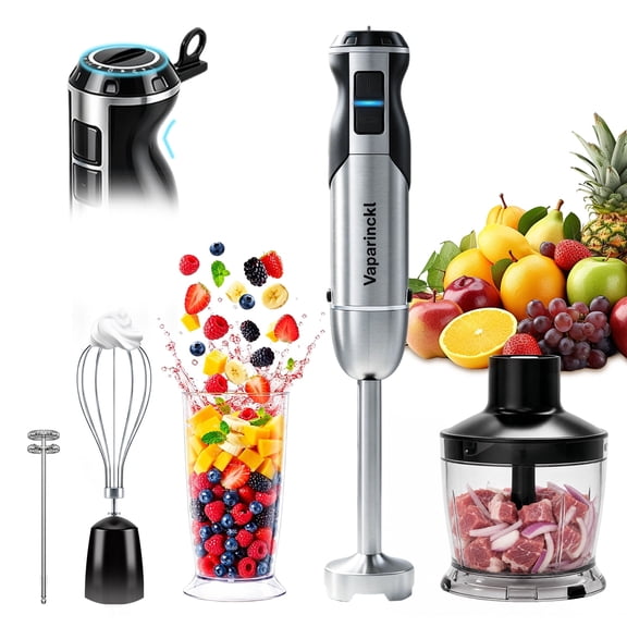 Vaparinckl Immersion Blender, 24-Speed 1100W Stainless Steel Handheld Blender, 5-in-1 with Turbo, Hand Mixer Stick Blender with Chopper, Beaker, Whisk,Milk Frother for Kitchen, Soups&Smoothies, Black