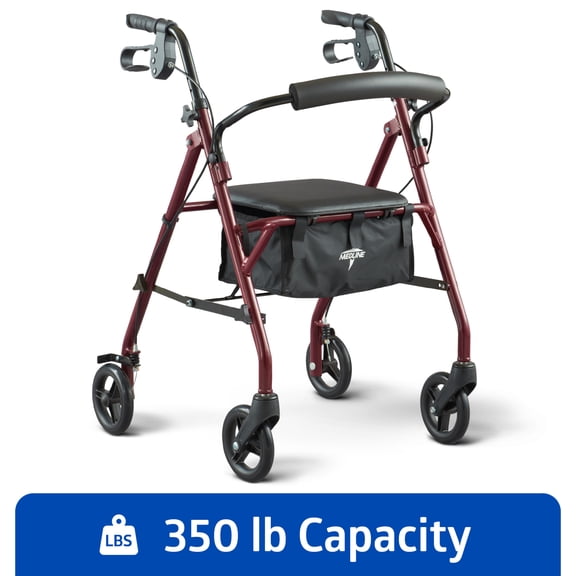 Medline Steel Rollator Walker with Seat for Seniors, Foldable, Burgundy