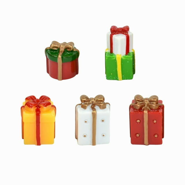 Ornements de Noël Rouges Mini Décoratifs Accessoires Résine 5 Noël pour Boîtes Ensemble d'Artisanat Jardin avec Nœuds Cadeau Maison de Boîtes Cadeaux Vertes de Noël