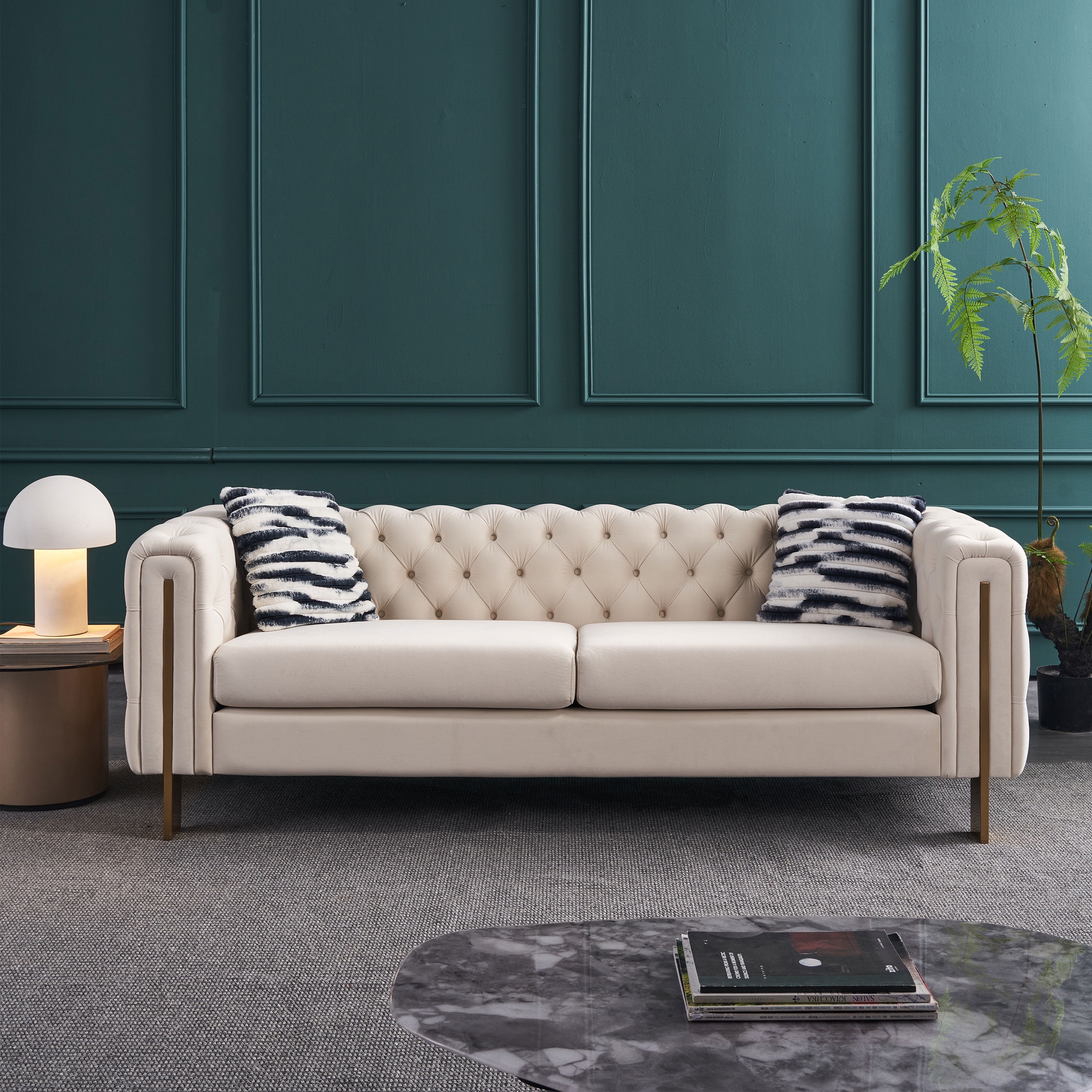 Modern Velvet Tufted Couch, Cream Color 64660