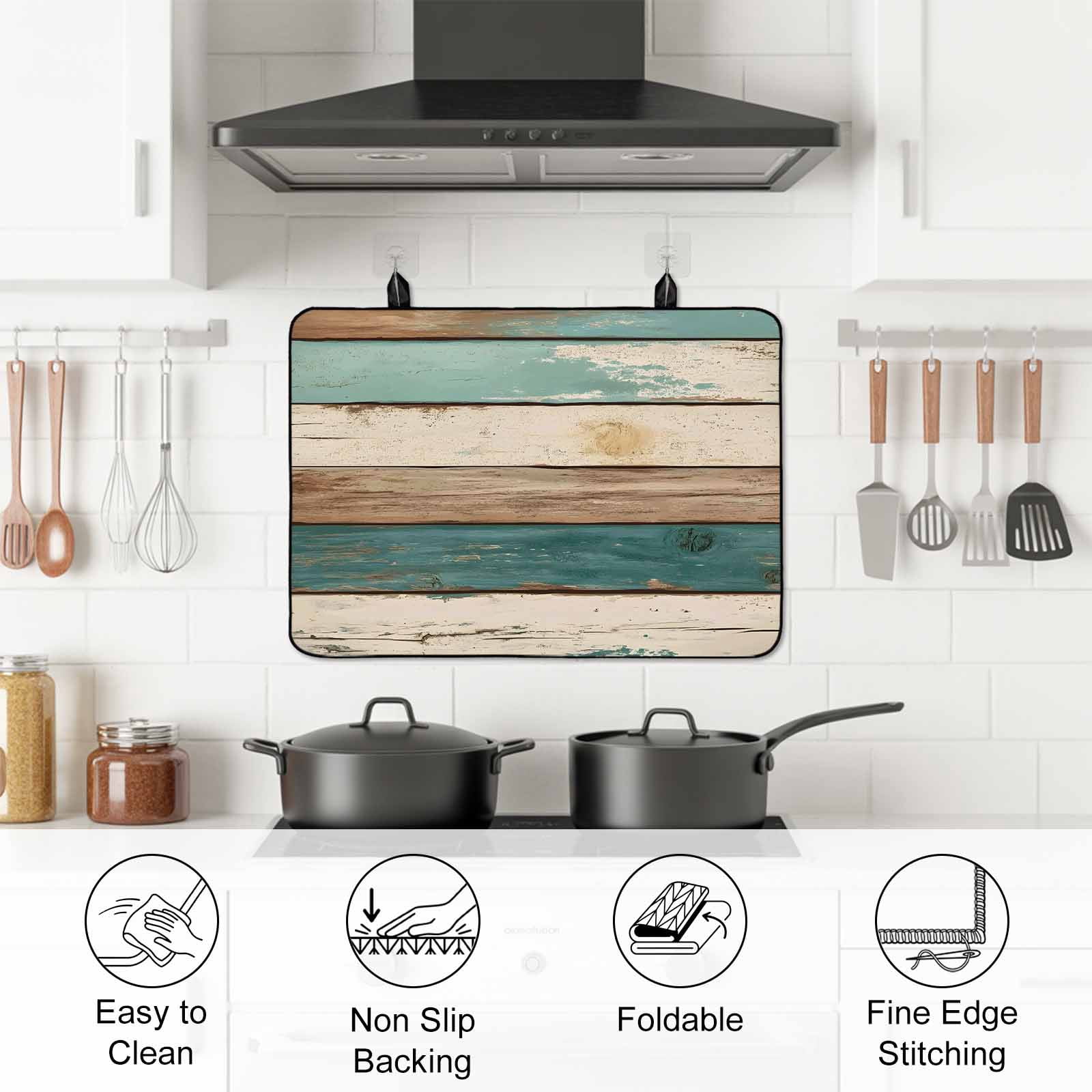 Farmhouse Teal Brown Stove Top Cover for Electric Stove, Heat-proof & Non Slip Glass Top Stove Cover Protector, Retro Ombre Wooden Kitchen Flat Cooktop Rubber Mat 24x21 Inches