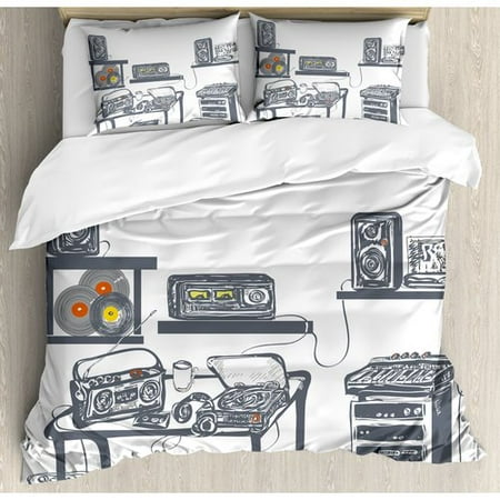 Studio Bedding Sets Ambesonne Recording Studio with Music Devices Turntable Records Speakers Digital Illustration Duvet Cover Set ()