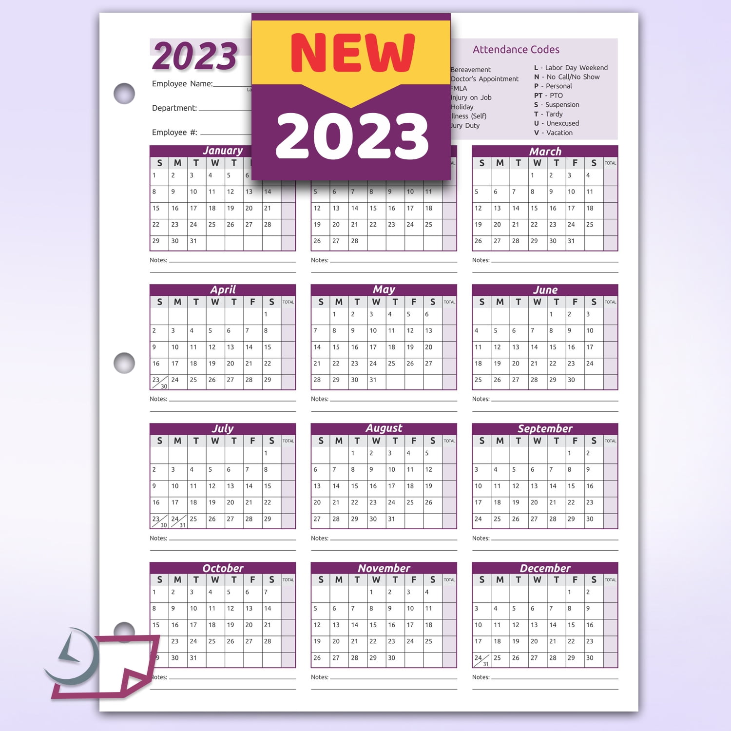 Work Tracker Attendance Calendar Cards 8 X 11 Cardstock / Pack of 25