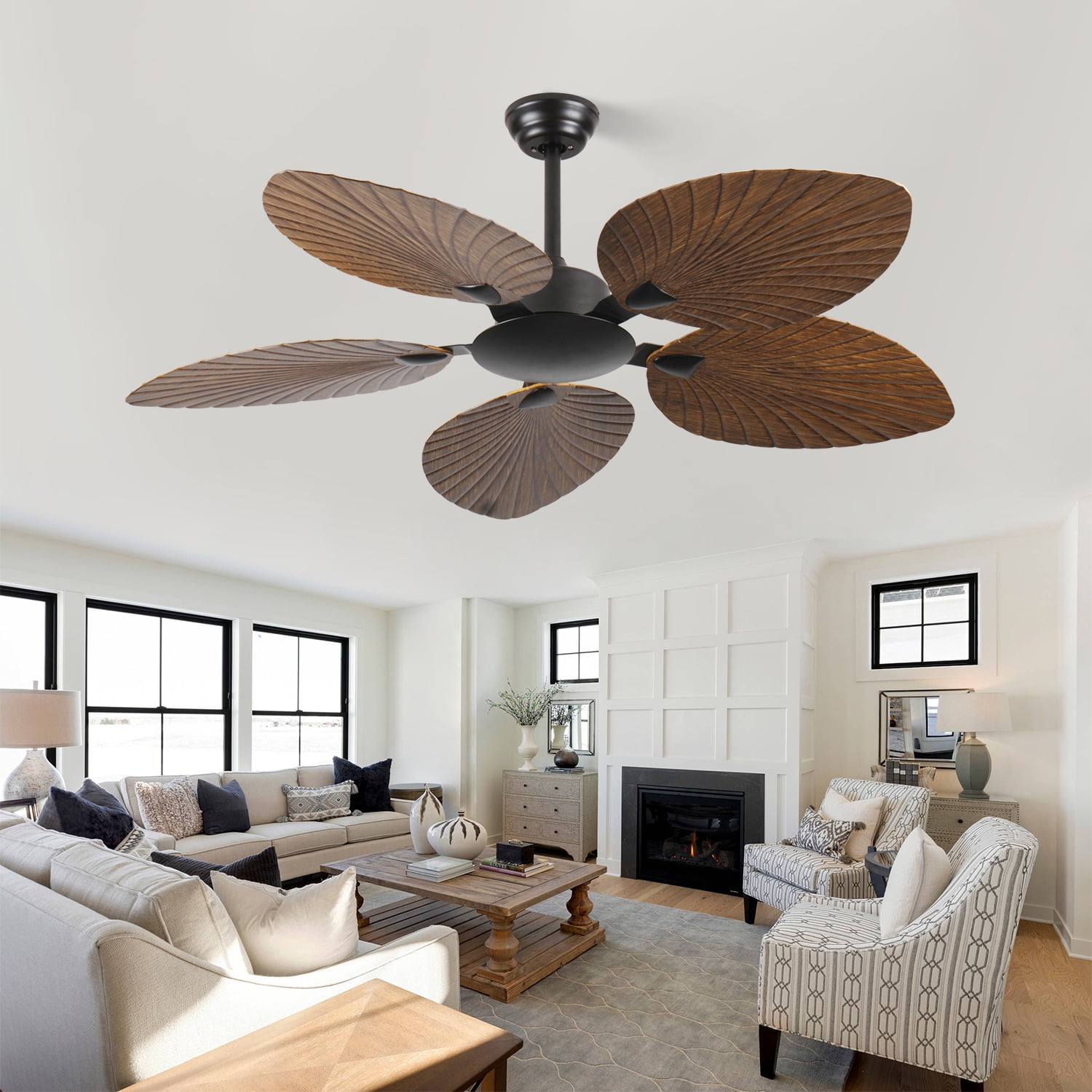 52 In Indoor/Outdoor Brown Retro Tropical 5-Palm Leaf Ceiling Fan, No Light, 6-Speed with Forward/Reverse